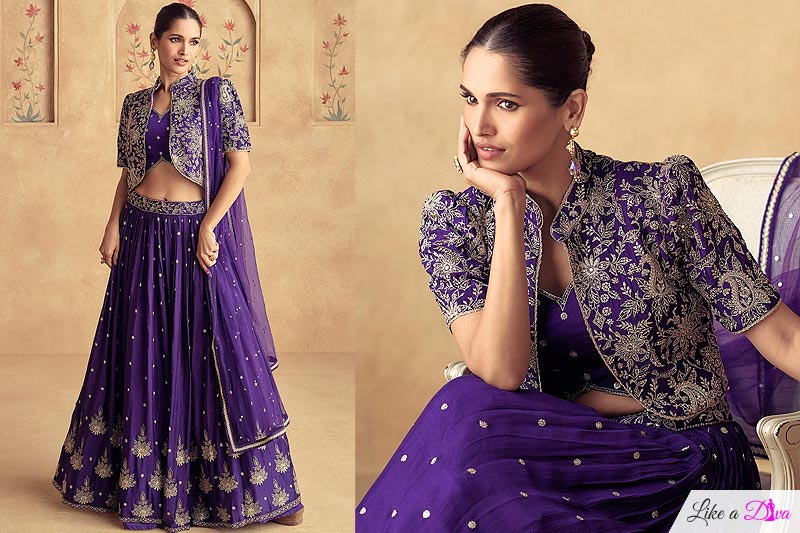 Purple Chinon Silk Embroidered Lehenga Set With Jacket