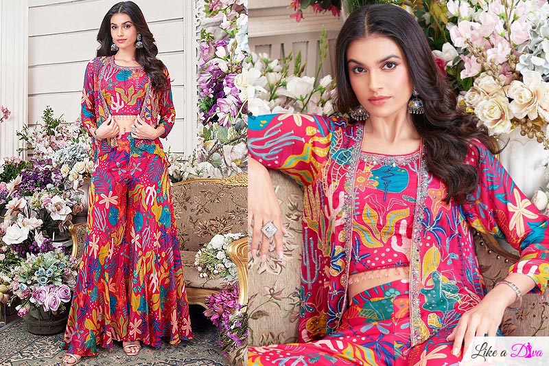 Pink & Multicolor Chinon Silk Printed & Embroidered 3 Piece Set