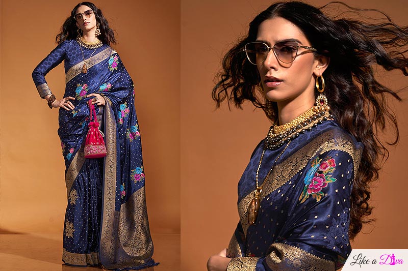 Navy Blue Satin Silk Handloom Zari Weaved Saree