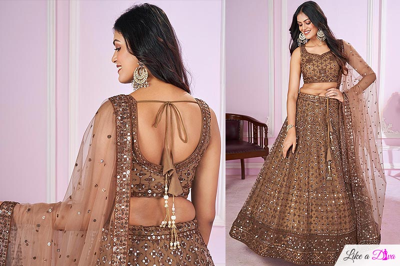 Brown Golden Net Embroidered Lehenga Set