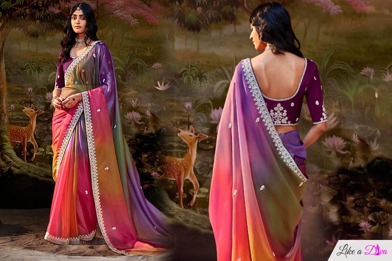 Multicolor Organza Silk Chiffon Embroidered Saree