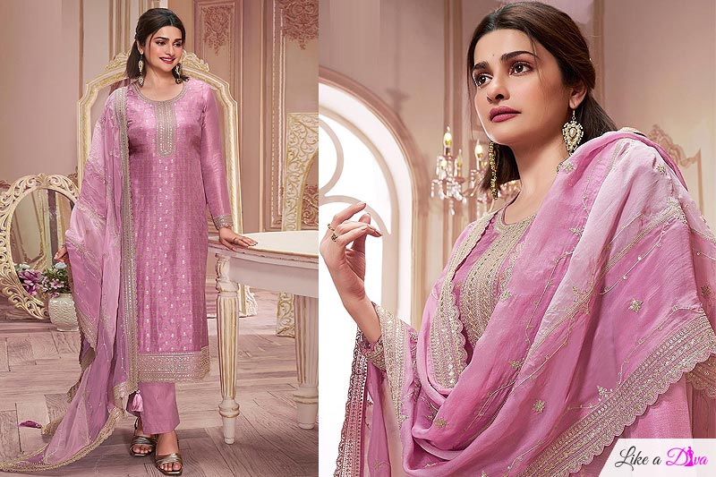 Pink Purple Jacquard Silk Embroidered Kurta Set