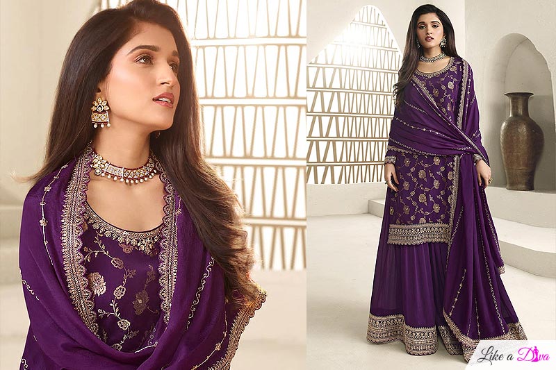 Purple Chinon Jacquard Embroidered Kurta Set With Sharara