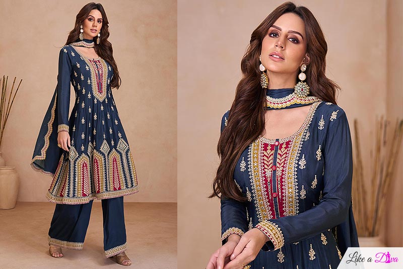 Navy Blue Enbroidered Plazzo Kurta Set