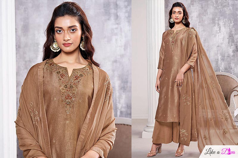 Hazel Brown Jacquard Silk Hand Work & Embroidered Kurta Set