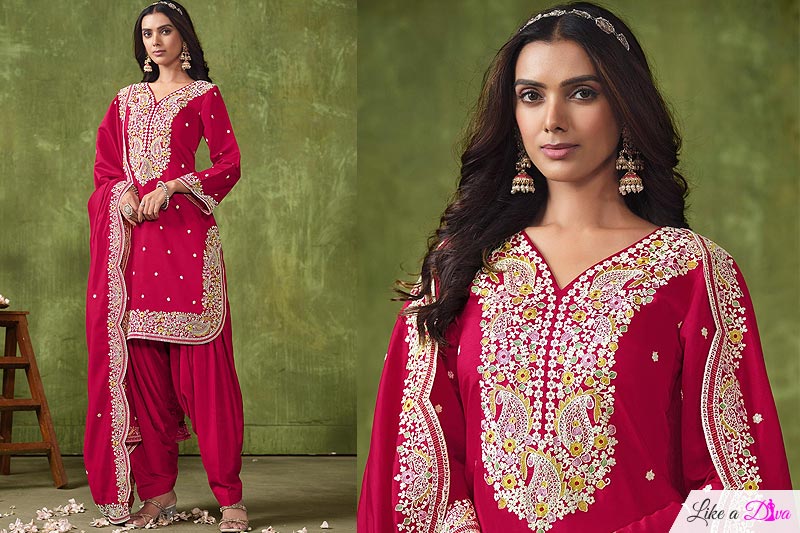 Red Chanderi Silk Embroidered Patiala Salwar Suit