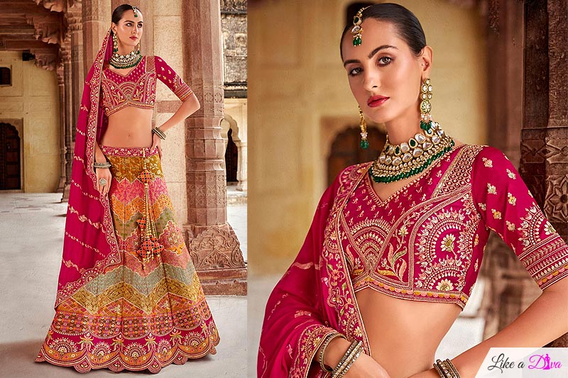 Multicolor & Deep Pink Banarasi Silk Embroidered Lehenga Set