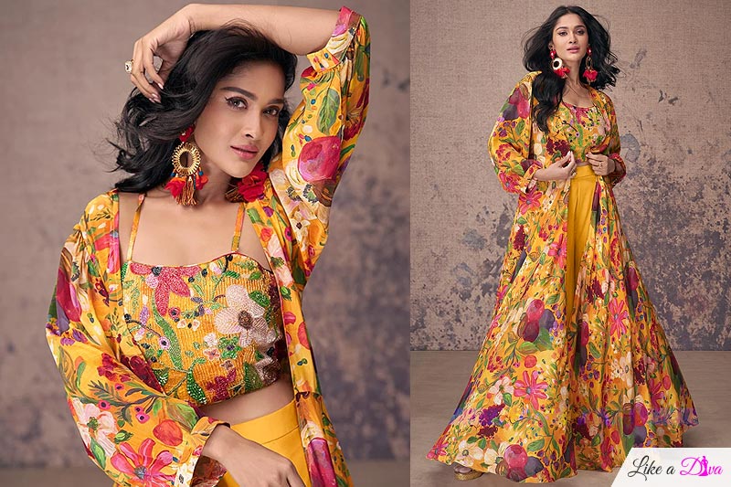 Mustard Multicolor Crepe Silk Printed & Embroidered Indo Western 3 Piece Set