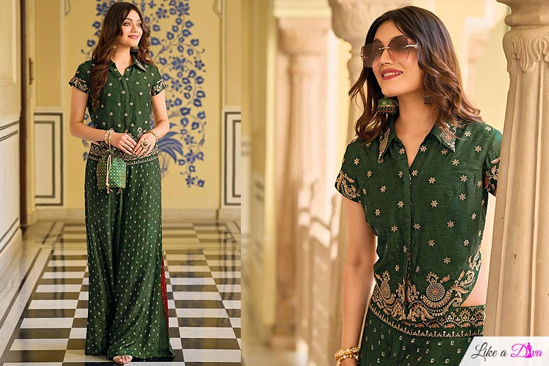 Fern Green Silk Embroidered Indowestern Co-ord Set