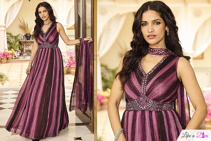 Plum Purple Chinon Silk Embroidered Indowestern Anarkali Dress With Dupatta