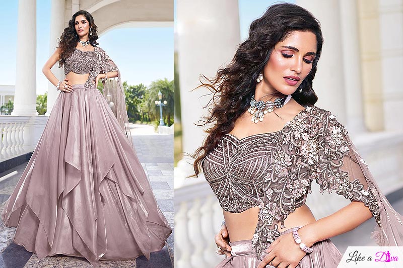 Dusky Pink Tissue Organza Silk Lehenga Set With Attached Dupatta