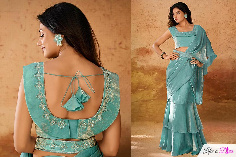 Pre-draped Aqua Blue Organza Silk Handworked Saree With Belt