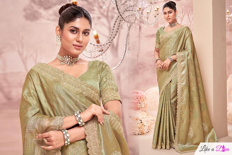 Olive Green Banarasi Silk Hand Embroidered Saree