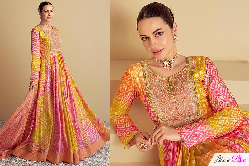 Pink, Yellow, & Coral Cotton Printed & Embroidered Anarkali Dress With Dupatta