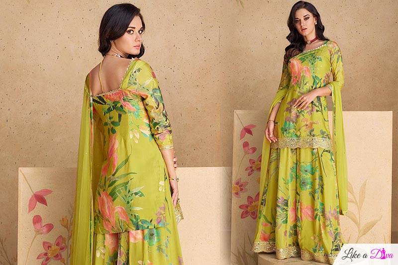 Pale Lime Green Chinon Silk Printed & Embroidered Sharara Kurta Set