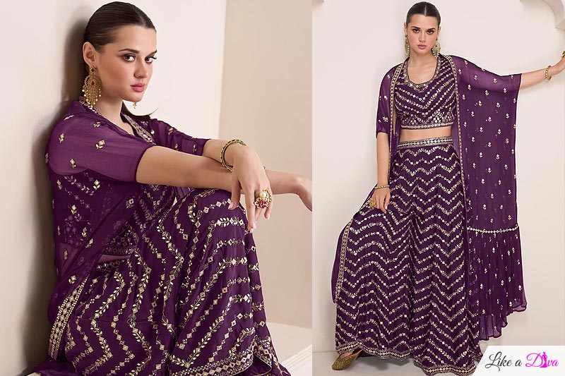 Plum Purple Crepe & Chiffon Embroidered 3 Piece Attire