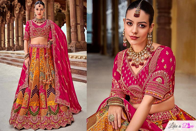 Mustard & Red Banarasi Silk Embroidered Lehenga Set