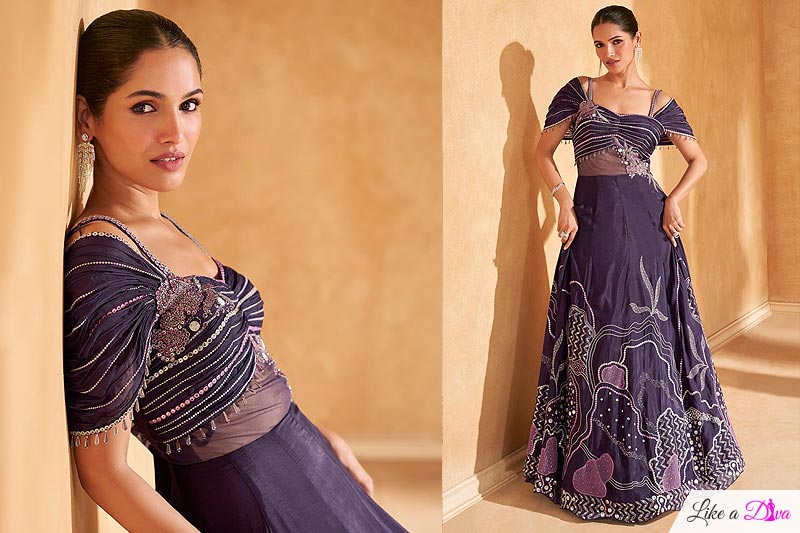 Plum Chinon Silk Indowestern Embroidered Dress