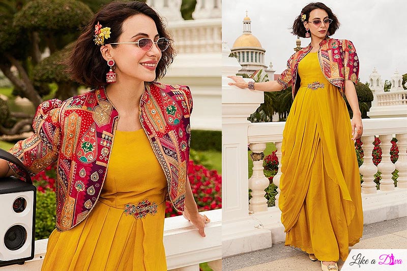 Mustard Yellow Chinon Silk Indowestern Dress With Brocade Silk Jacket