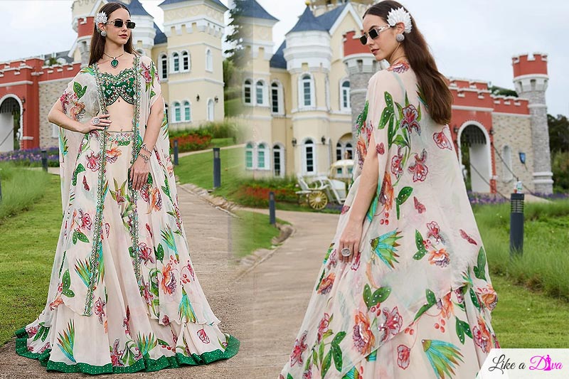 Green, White, & Multicolor Georgette Printed & Embroidered Indo-western Lehenga Set With Jacket