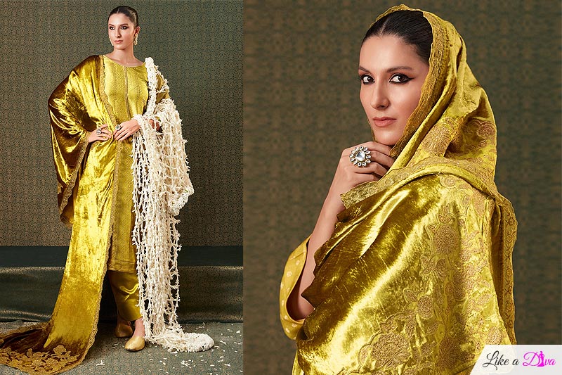 Mustard Silk Khimkhab Brocade Woven & Embroidered Kurta Set With Velvet Dupatta