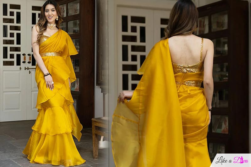 Pre-draped Quick Wear Mustard Yellow Layered Organza Silk Saree With Belt