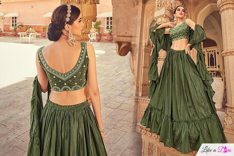 Olive Green Chinon Lehenga Choli Set