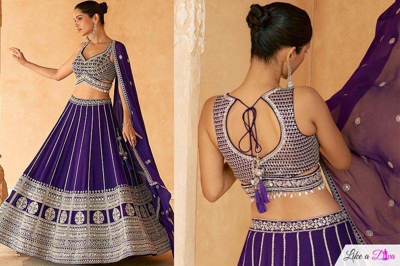 Purple Georgette Embroidered Lehenga Set