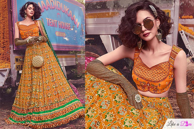 Dark Orange Printed & Embroidered Chinon Lehenga Set