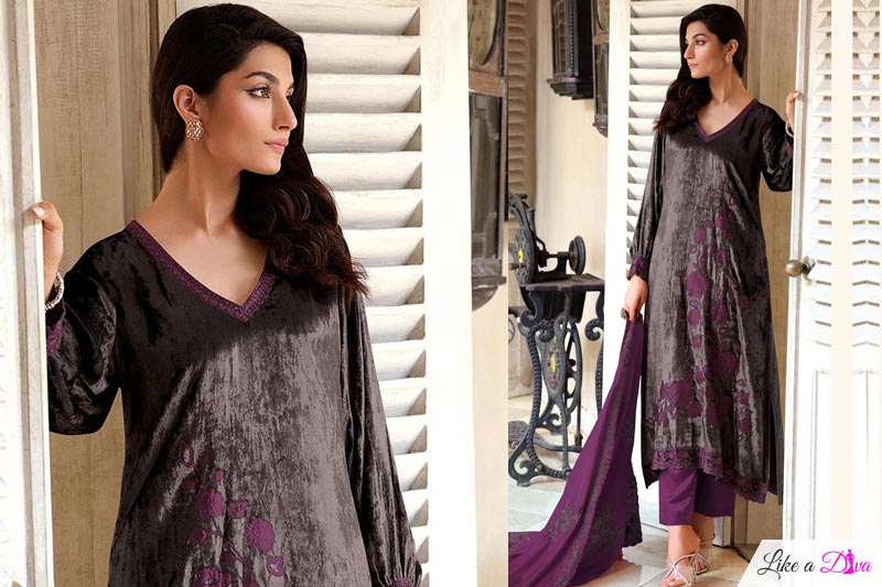 Grey & Plum Velvet Embroidered & Applique Work Kurta Set With Resham Embroidered Silk Dupatta