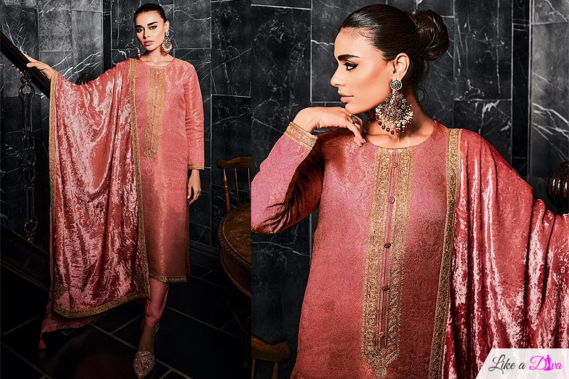 Coral Kimkhwab Silk Woven Kurta Set With Velvet Dupatta & Pashmina Bottom