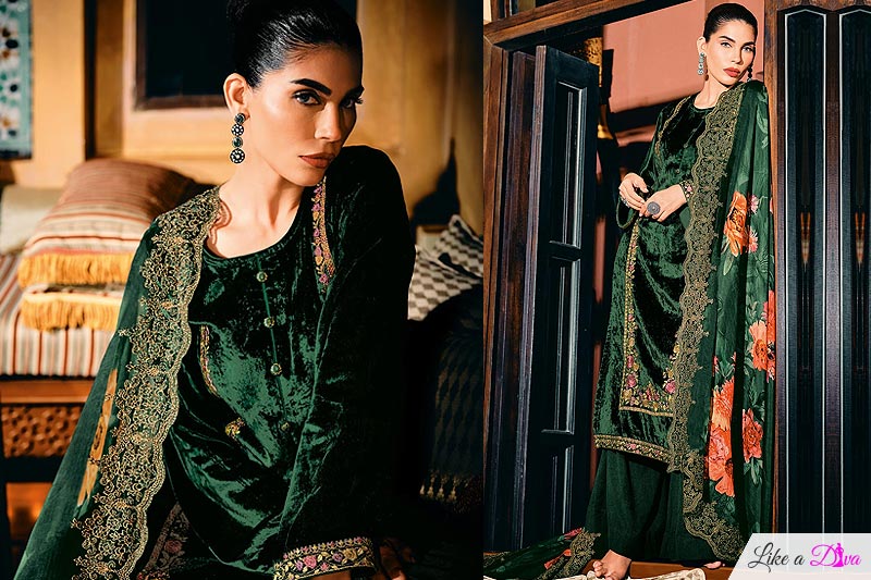 Bottle Green Velvet Embroidered Kurta Set With Organza Silk Dupatta & Pashmina Palazzo