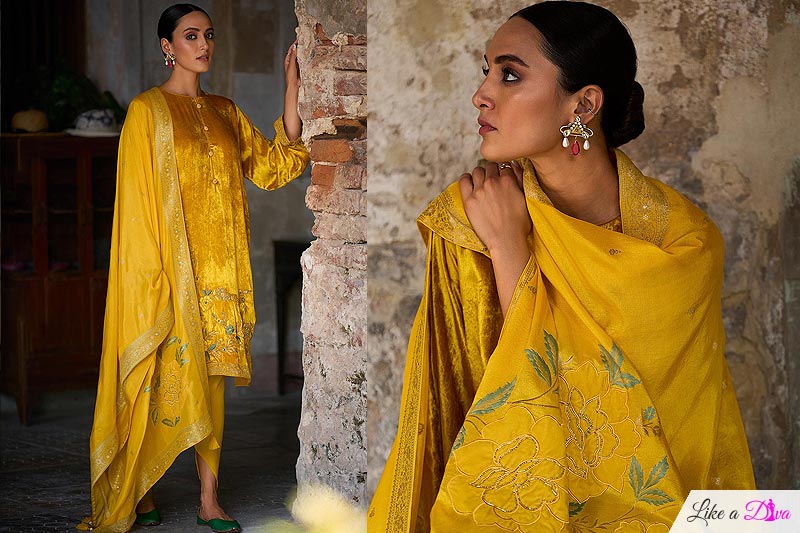 Mustard Velvet Embroidered Kurta Set With Beautiful Embroidered Woven Silk Dupatta