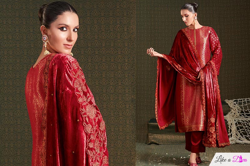 Red Silk Khimkhab Brocade Woven & Embroidered Kurta Set With Velvet Dupatta