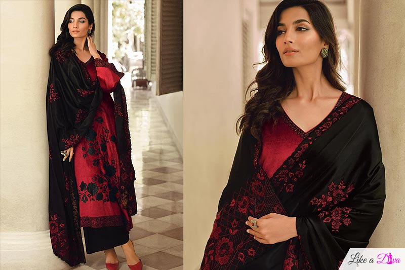 Red & Black Velvet Embroidered & Applique Work Kurta Set With Resham Embroidered Silk Dupatta