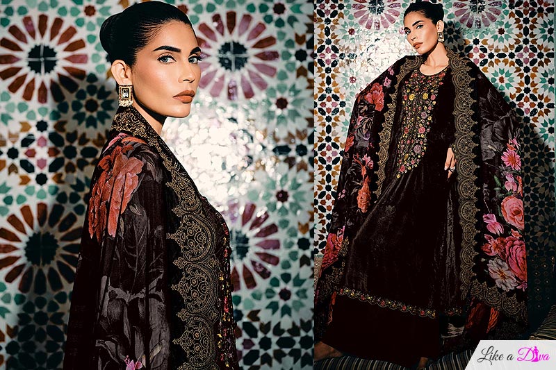 Black Velvet Embroidered Kurta Set With Organza Dupatta & Pashmina Palazzo