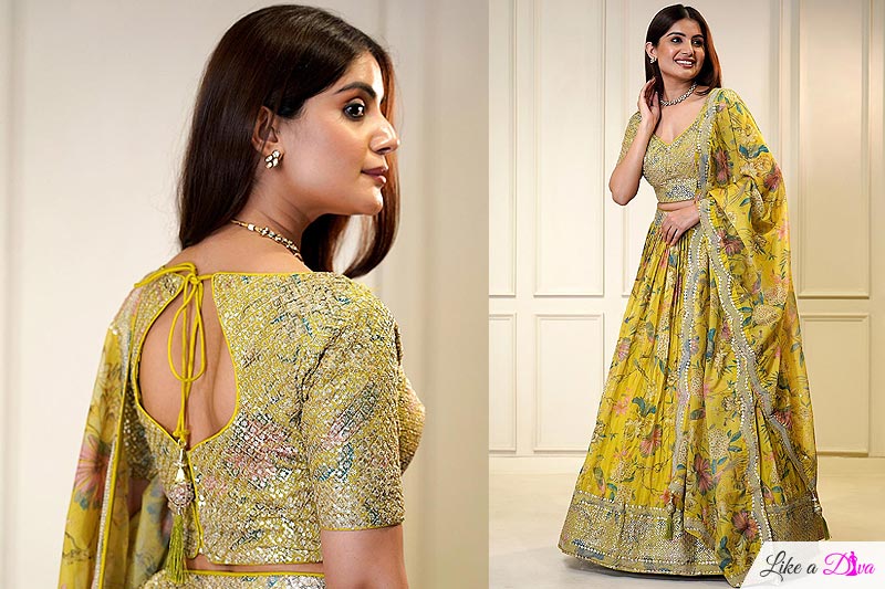 Lemon Yellow Organza Silk Printed & Embroidered Lehenga Set