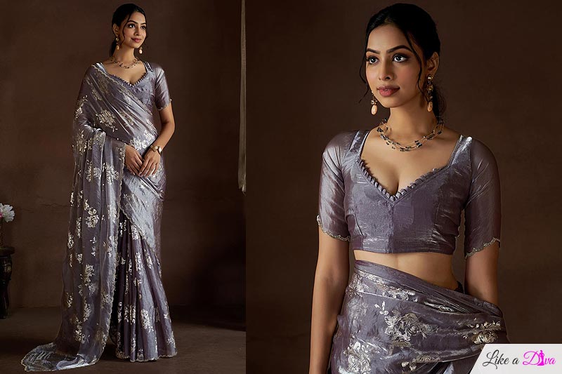 Dusty Lilac Satin Silk Foil & Hand Worked Saree