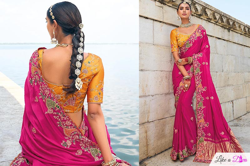 Magenta Pink Satin Embroidered Saree