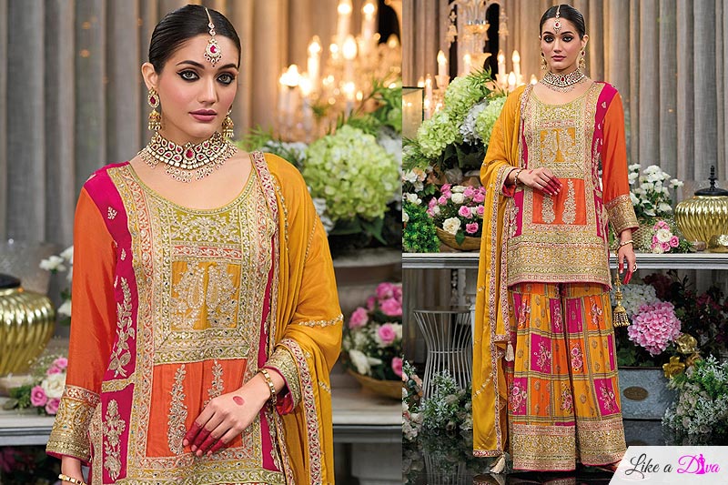 Multicolor Chinon Silk Printed & Embroidered Sharara Kurta Set