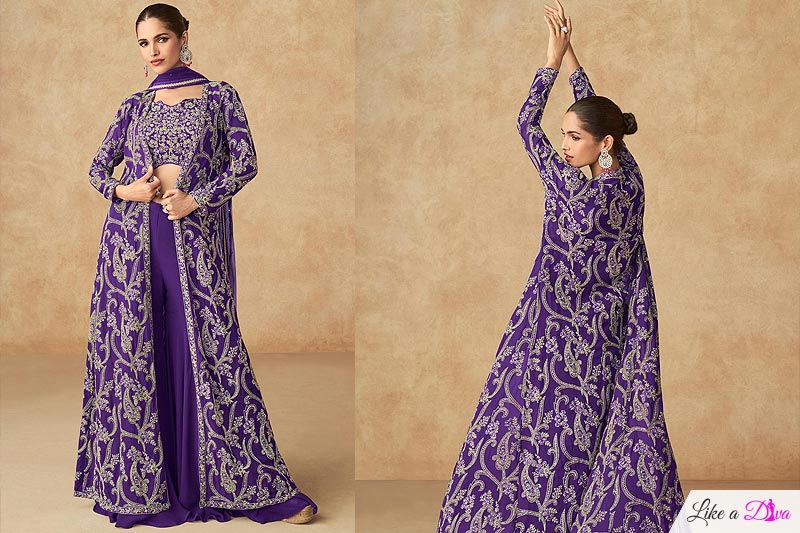 Purple Georgette Indo-western Embroidered 4 Piece Attire