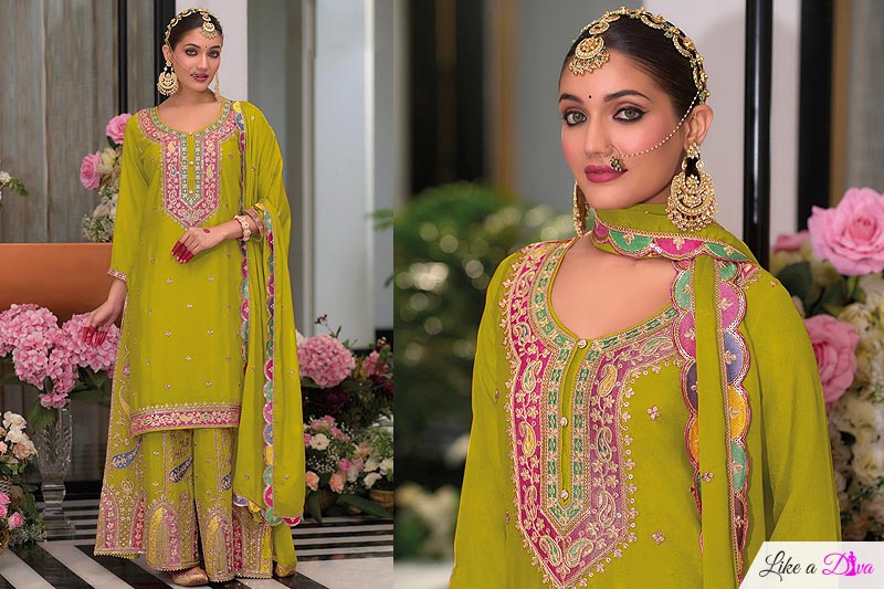 Lemon Green Chinon Silk Embroidered Kurta Set