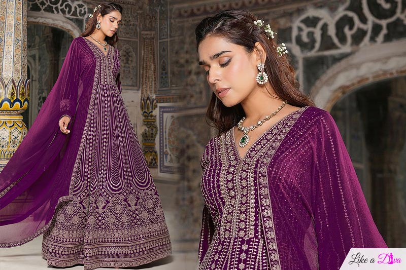 Plum Georgette Embroidered Anarkali Dress With Dupatta