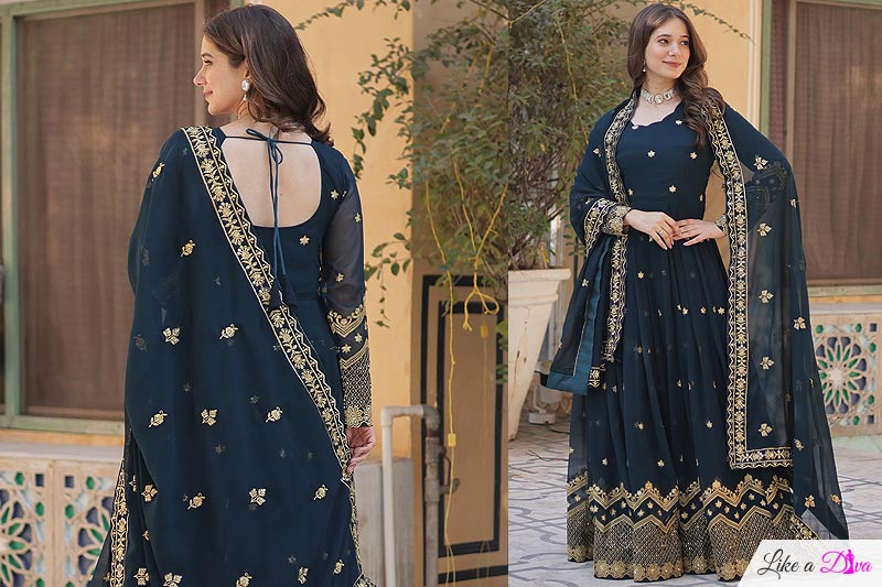 Navy Blue Georgette Embroidered Anarkali Dress With Dupatta