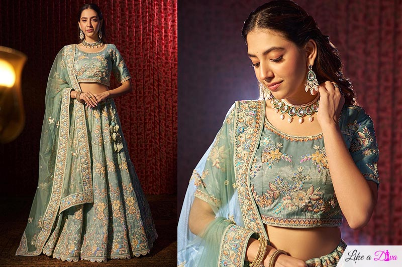 Aqua Organza Silk Embroidered Lehenga Se