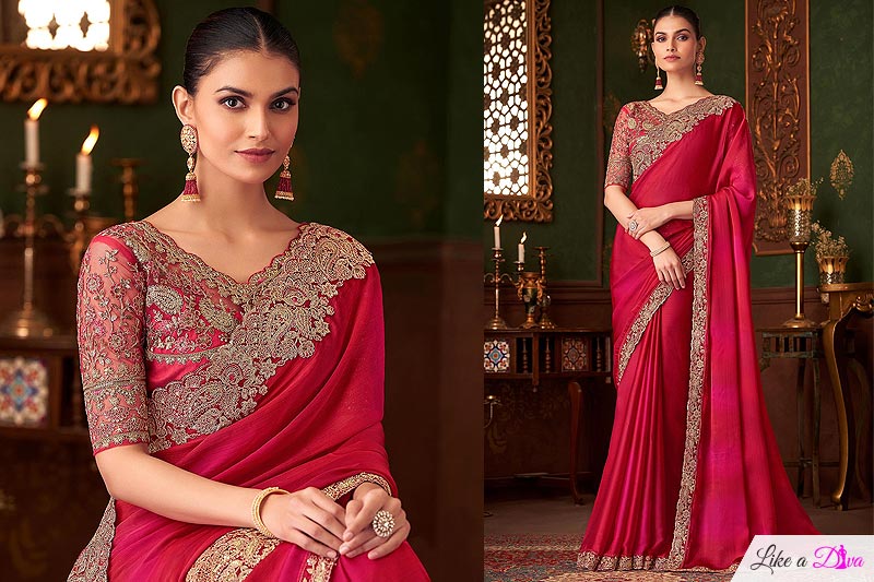 Red Chiffon Embroidered Saree