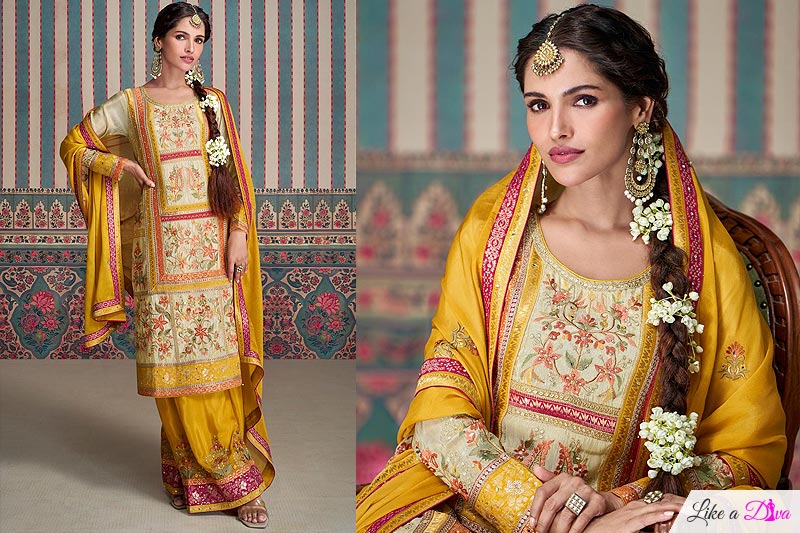 Ivory & Mustard Silk Embroidered Kurta Set