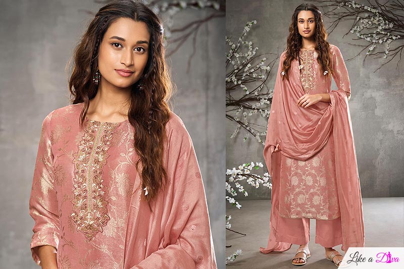 Elegant Peach Pink Soft Jacquard Silk Hand Embroidered Kurta Set