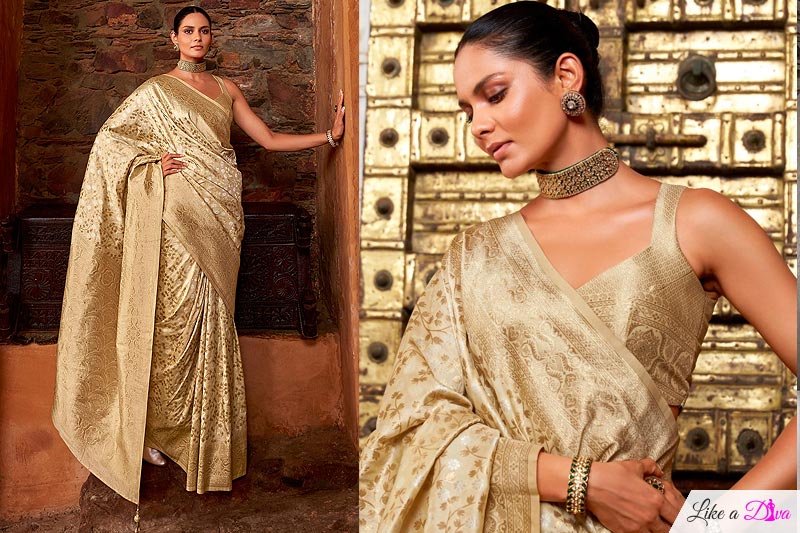 Ivory Gold Banarasi Silk Zari Woven Saree