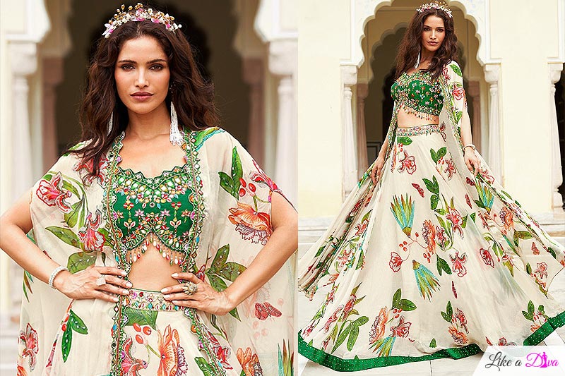 Green, Off White, & Multicolor Georgette Printed & Embroidered Indo-western Lehenga Set With Jacket